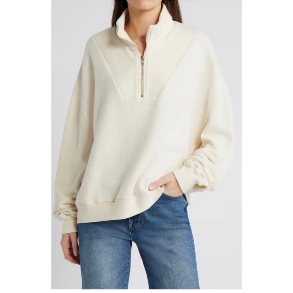 NEW THE GREAT. The slouch mixed media half-zip pullover washed white ivory sz 1 - Picture 3 of 9